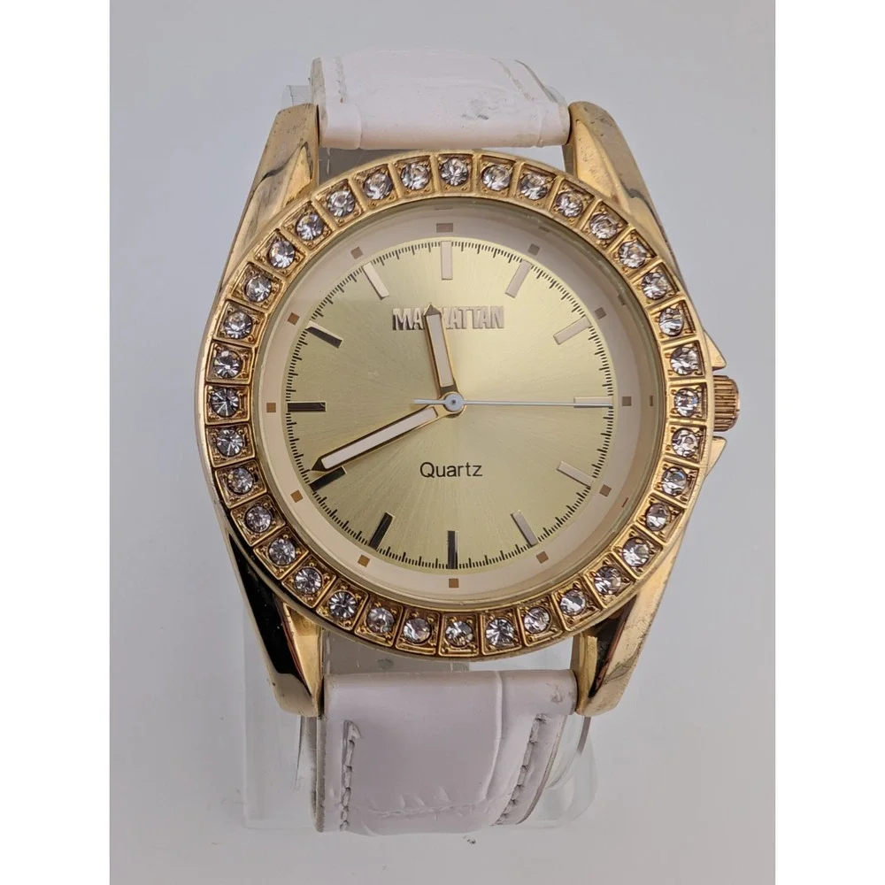 Manhattan by Croton Watch Women 40mm Case Pave Bezel White Band- New Battery‎